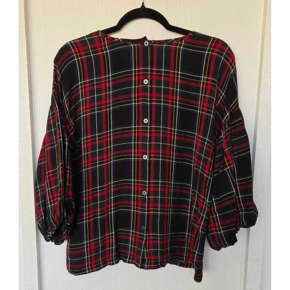 LOFT Plaid Puff Sleeve Button Back Blouse XS Academia Preppy Fall